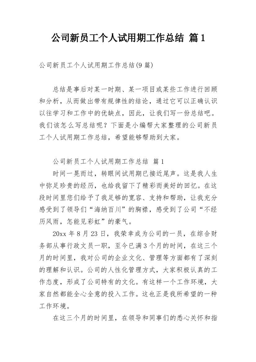 公司新员工个人试用期工作总结