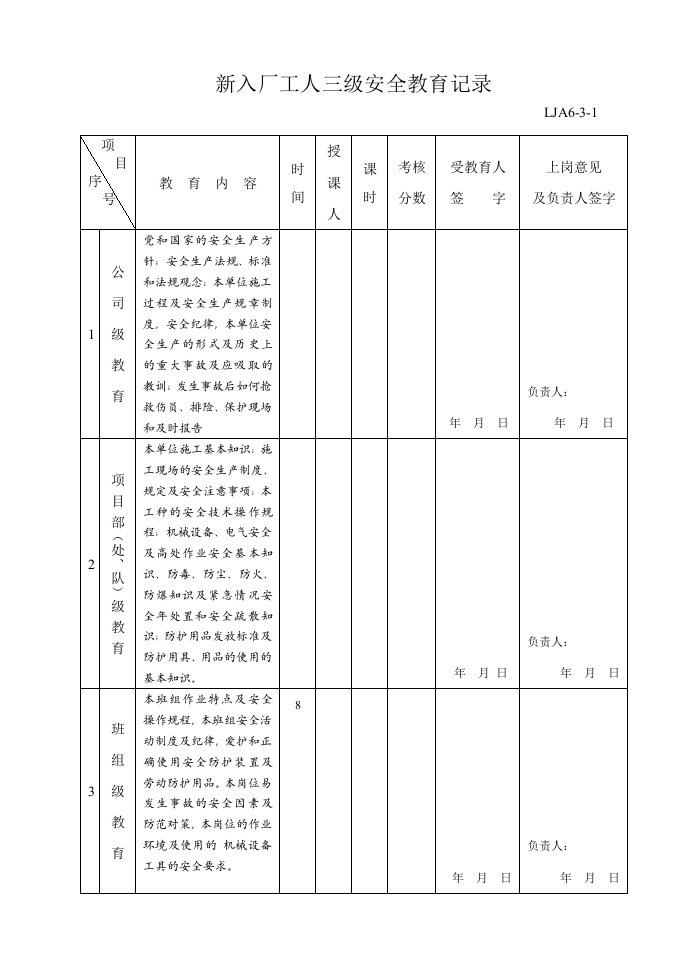 新入厂工人三级安全教育记录