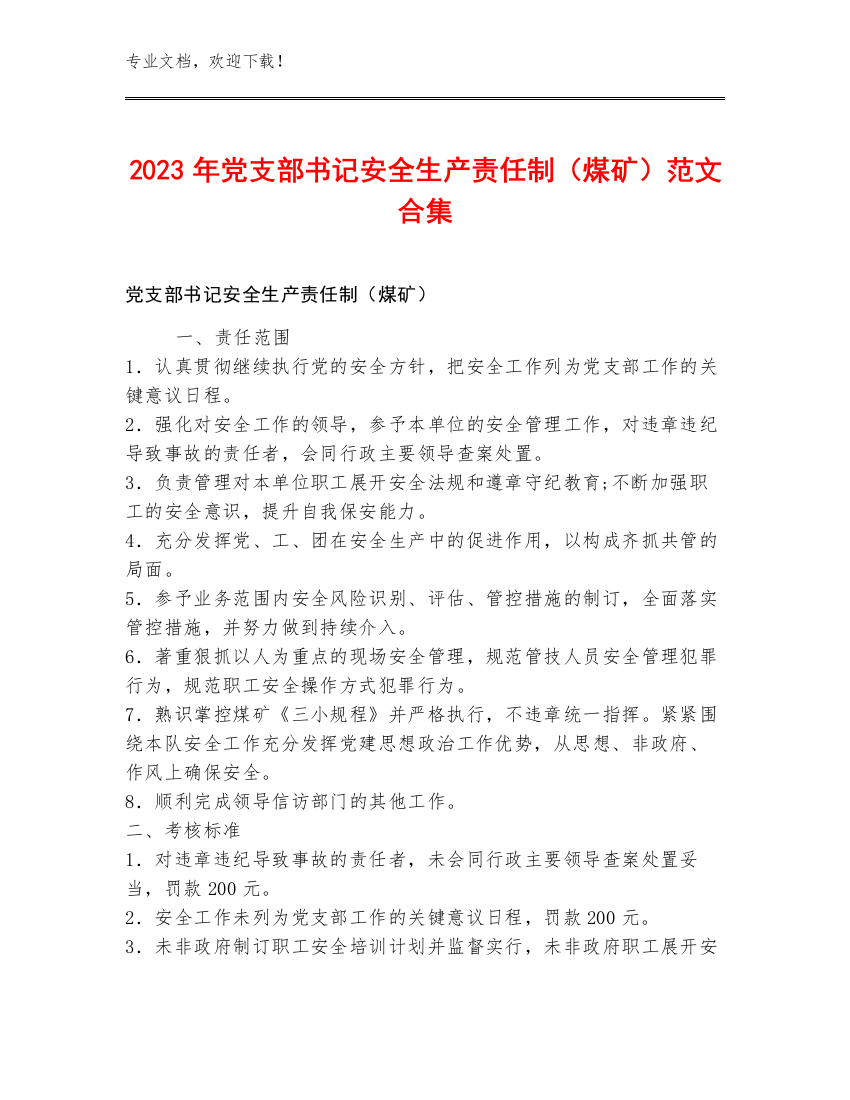 2023年党支部书记安全生产责任制（煤矿）范文合集