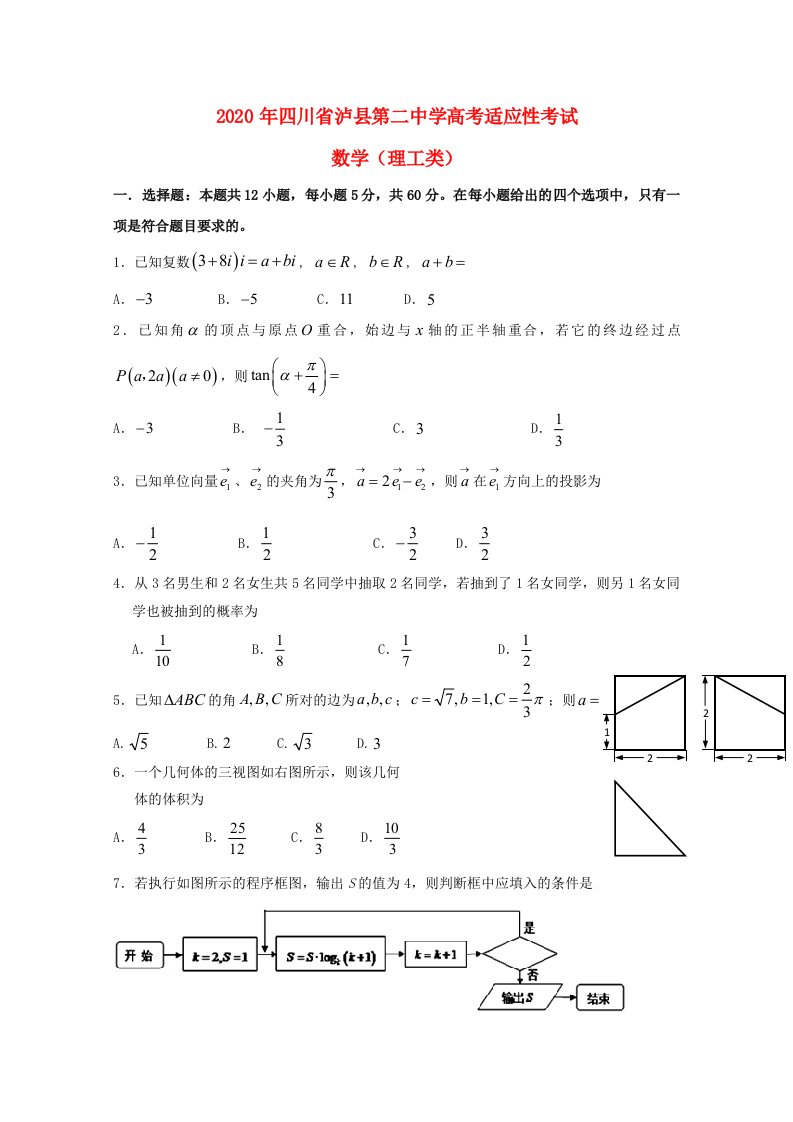 四川省泸县第二中学2020届高三数学最后一模试题理通用