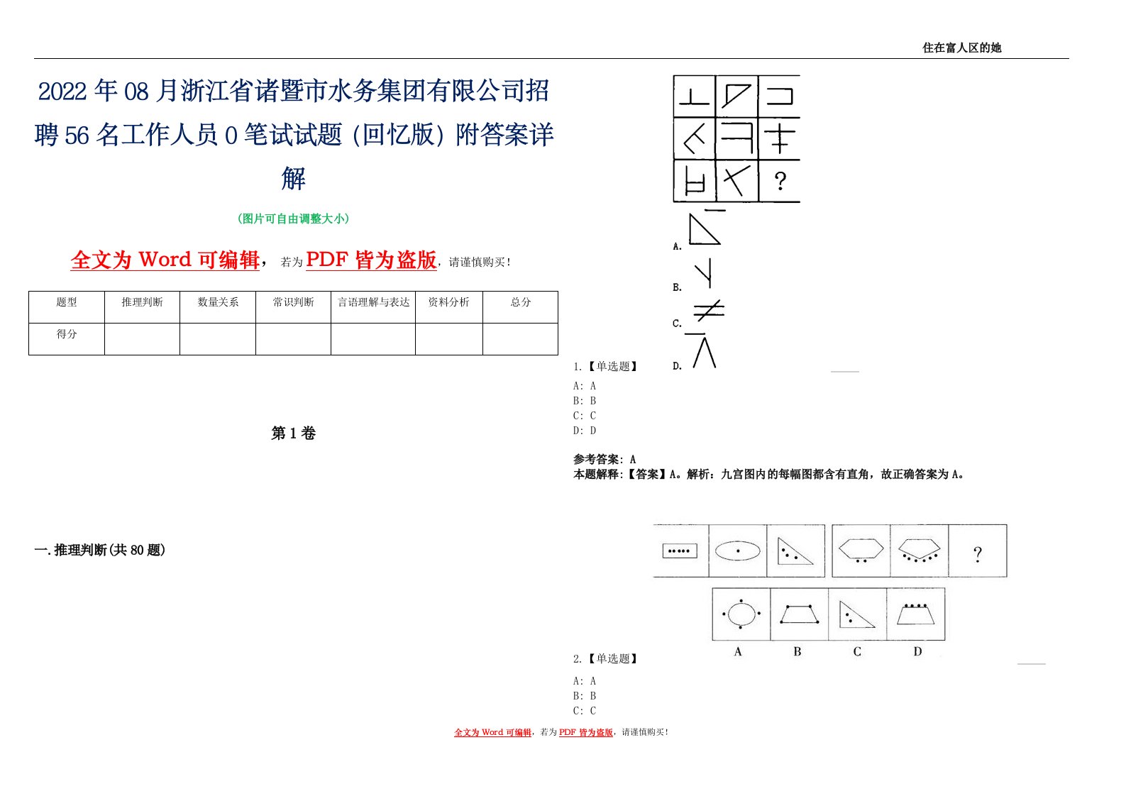 2022年08月浙江省诸暨市水务集团有限公司招聘56名工作人员0笔试试题（回忆版）附答案详解