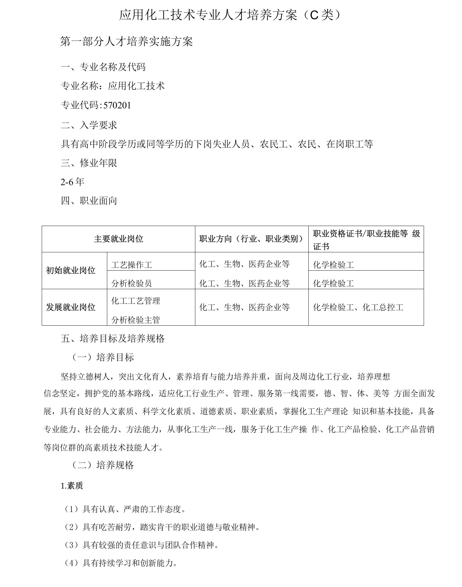 应用化工技术专业人才培养方案（B类）（高职）