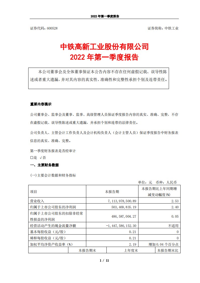 上交所-中铁工业2022年第一季度报告-20220429