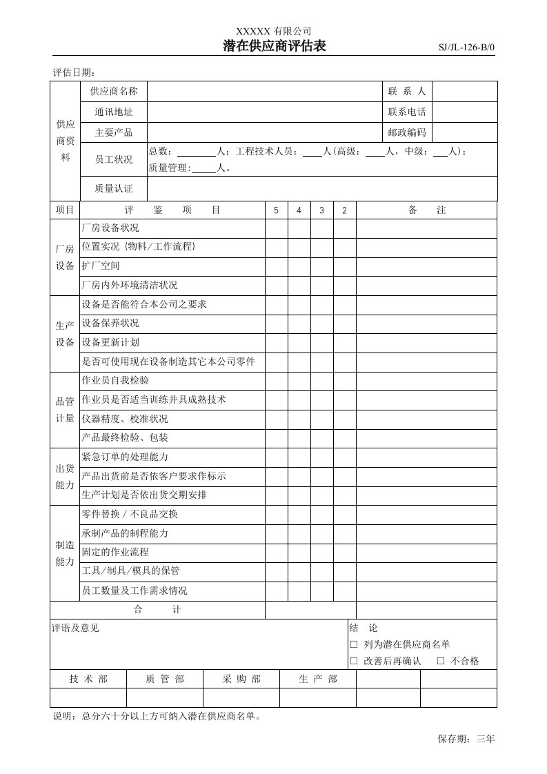 026供应商管理程序潜在供应商评估表-126-生产制度表格