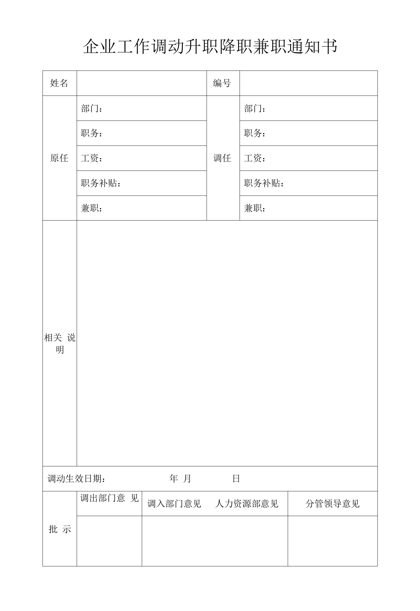 企业工作调动升职降职兼职通知书