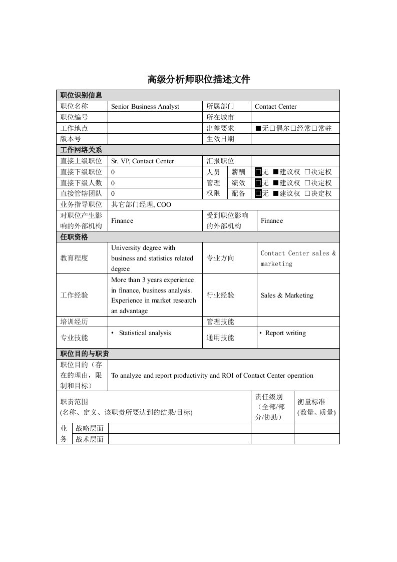 高级分析师岗位说明书