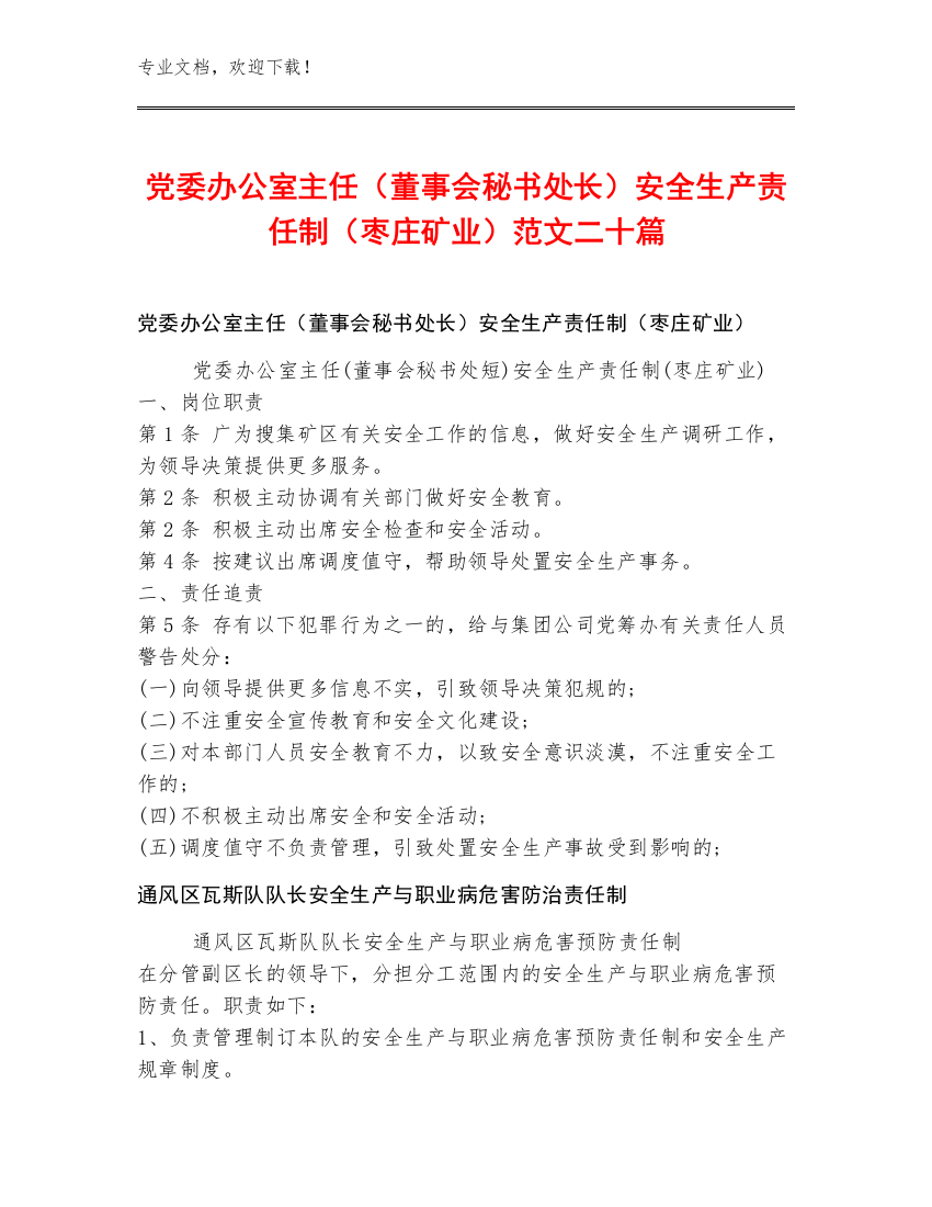 党委办公室主任（董事会秘书处长）安全生产责任制（枣庄矿业）范文二十篇