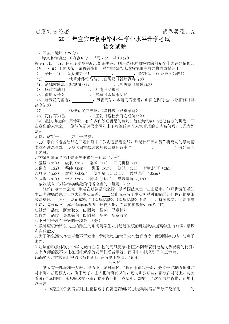 2011年宜宾中考语文试题与答案