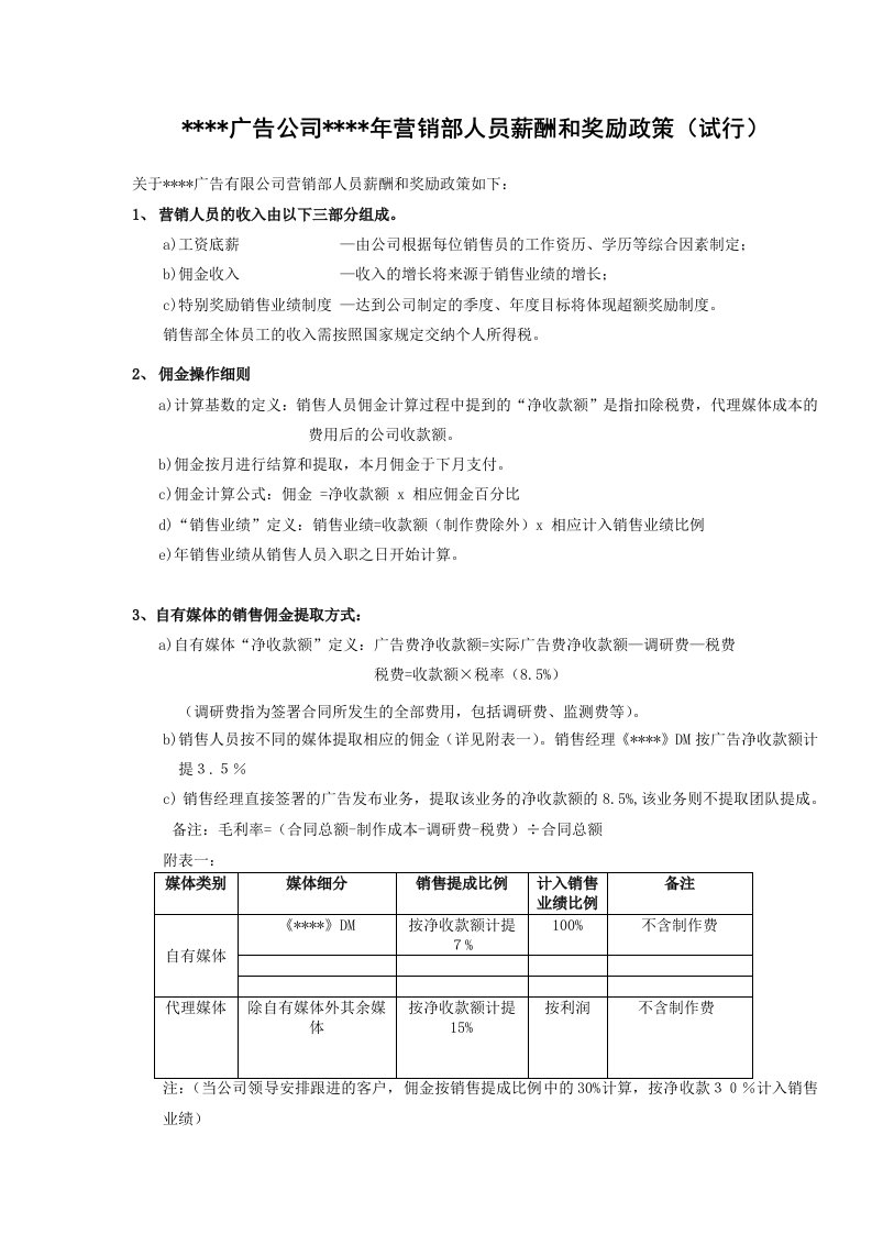 广告公司销售人员薪酬和奖励政策(试行)