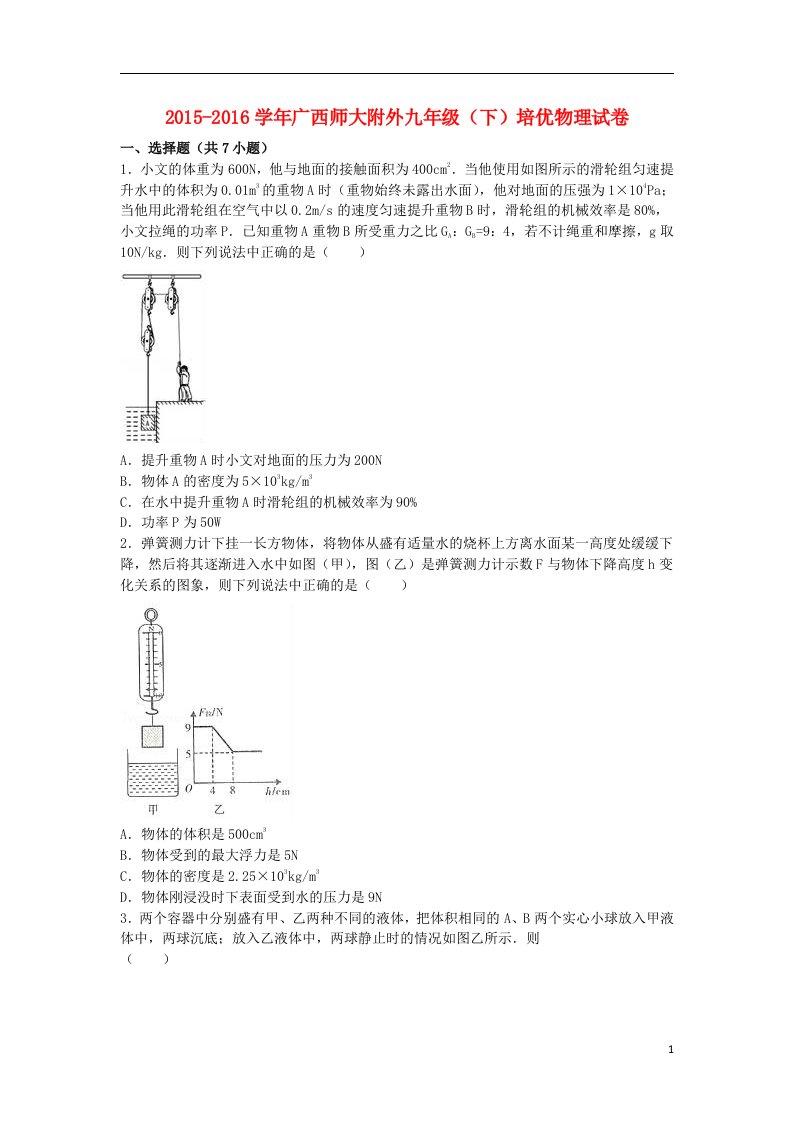 广西师大附外2015-2016学年九年级物理下学期培优试卷含解析