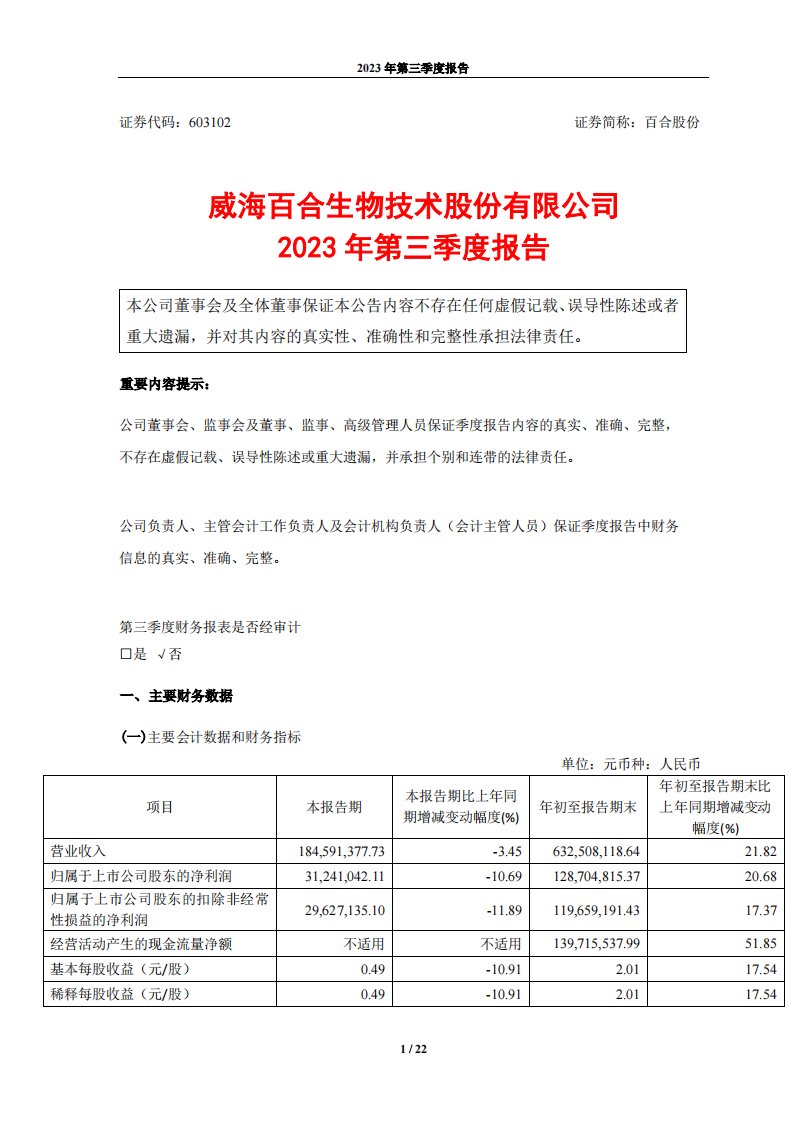 上交所-威海百合生物技术股份有限公司2023年第三季度报告-20231024