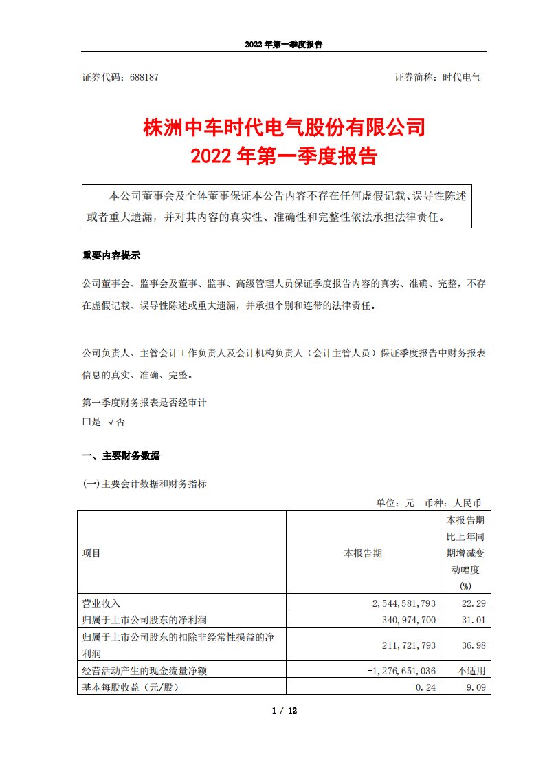 上交所-株洲中车时代电气股份有限公司2022年第一季度报告-20220426