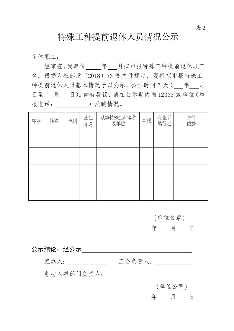 特殊工种提前退休人员情况公示