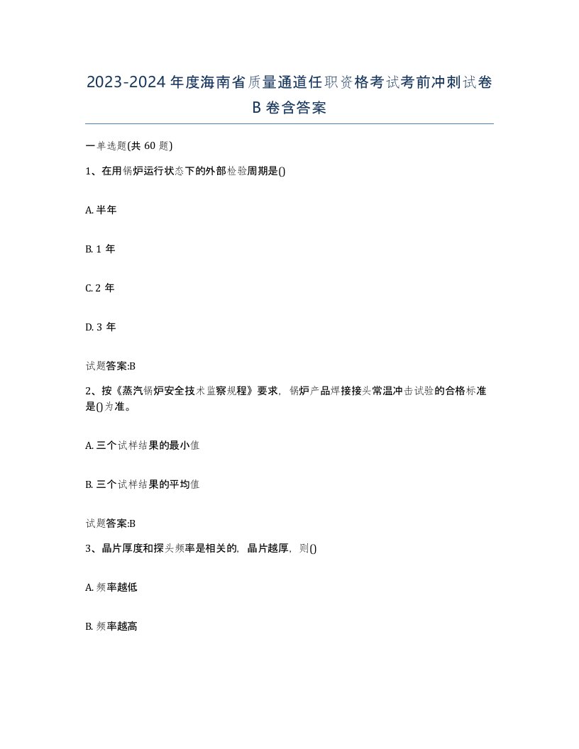 20232024年度海南省质量通道任职资格考试考前冲刺试卷B卷含答案