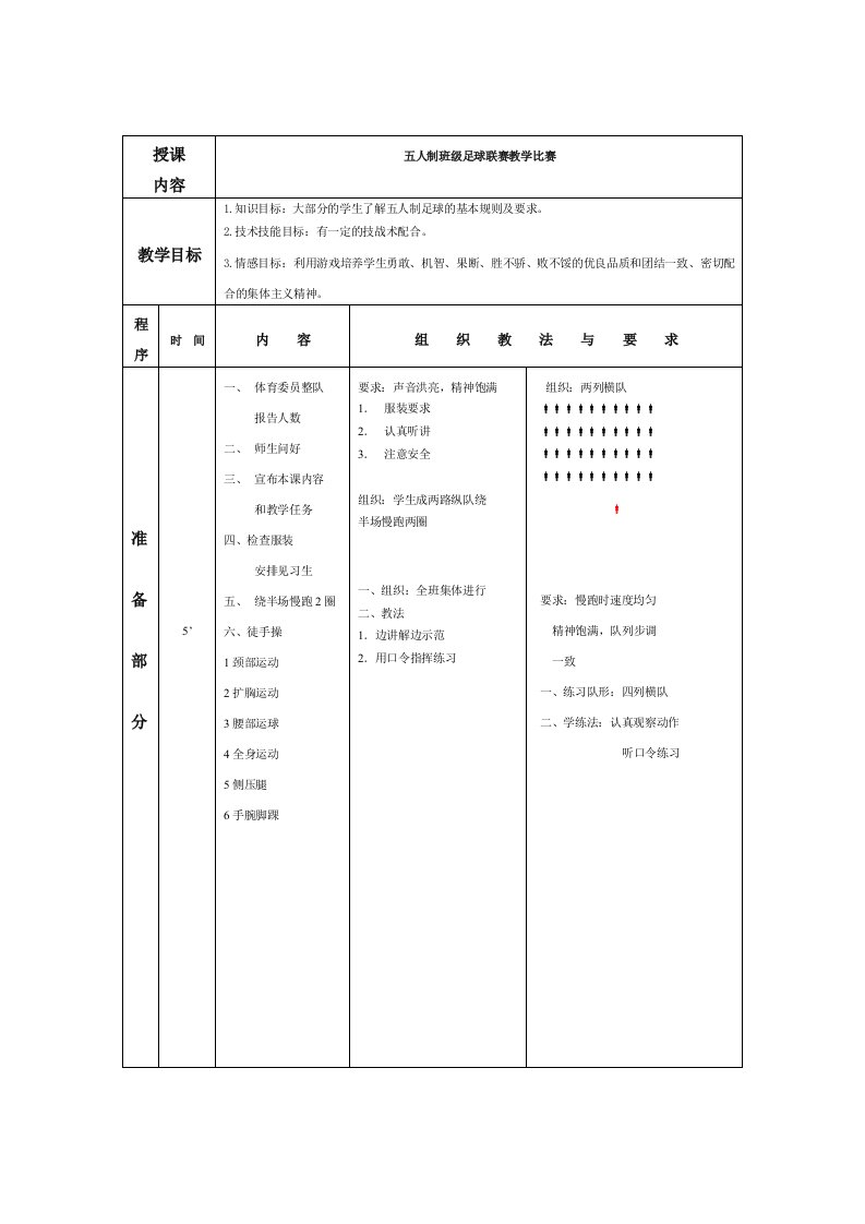 五人制班级足球联赛教学教案