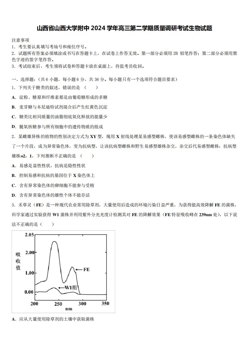 山西省山西大学附中2024学年高三第二学期质量调研考试生物试题含