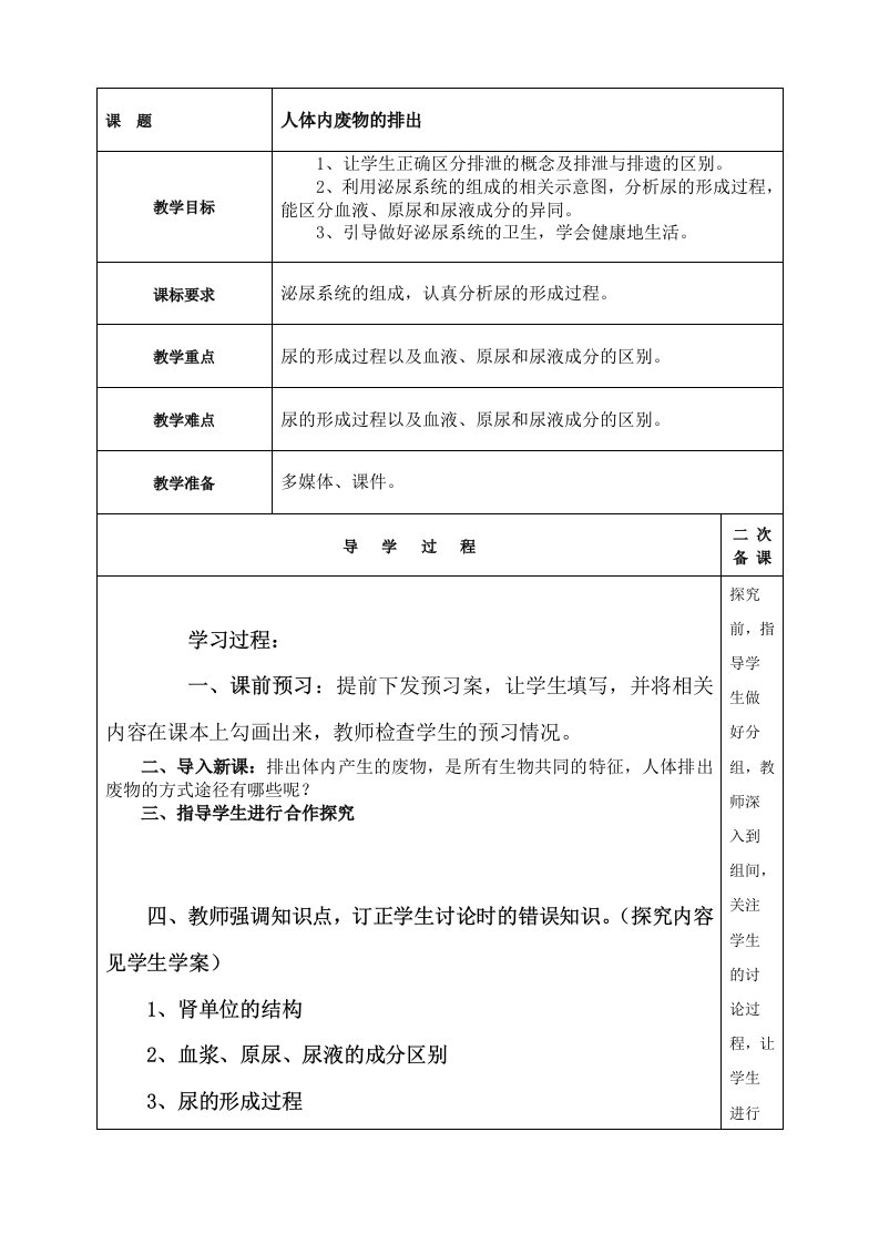 生物人教版七年级下册第五章人体内废物的排出