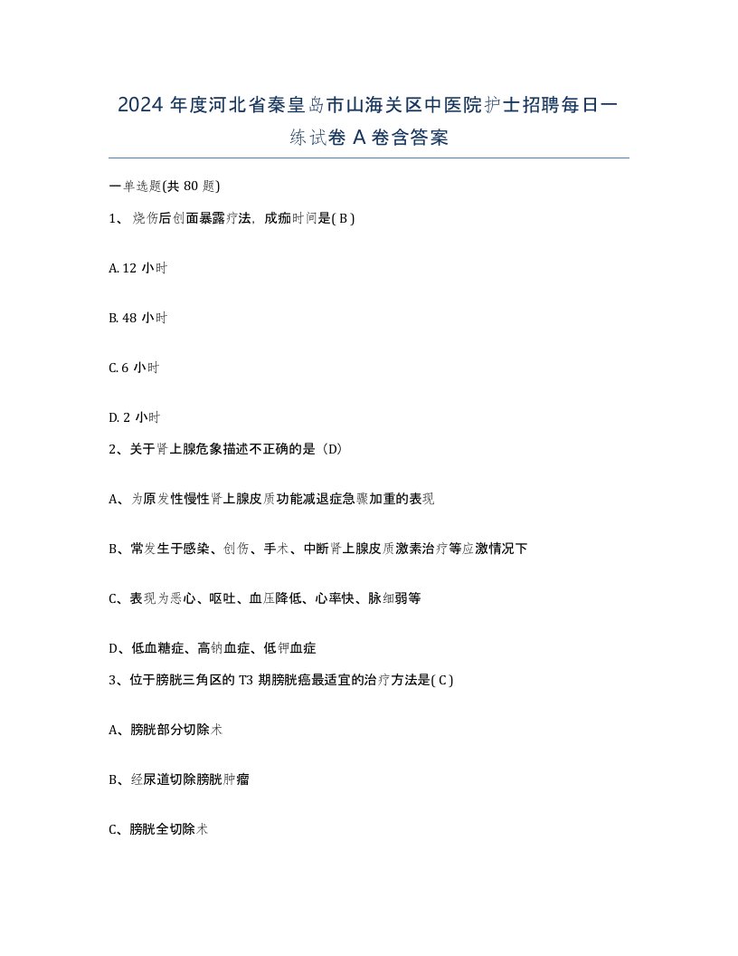 2024年度河北省秦皇岛市山海关区中医院护士招聘每日一练试卷A卷含答案