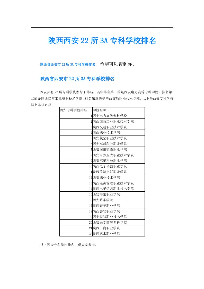 陕西西安22所3A专科学校排名