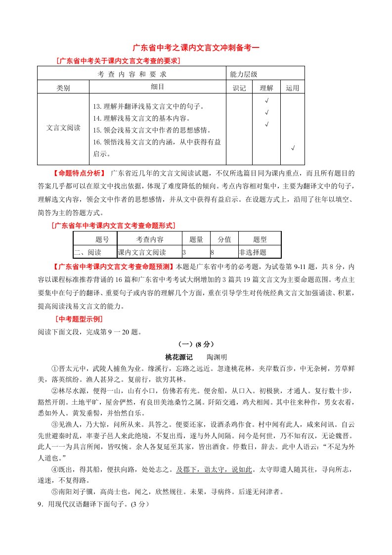 广东省中考之课内文言文冲刺备考一