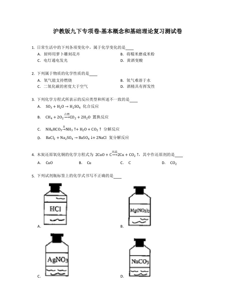 沪教版化学九年级下学期专项卷-基本概念和基础理论复习测试卷