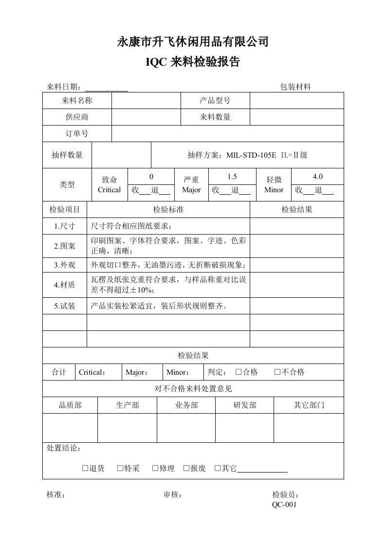 IQC包装材料进料检验报告