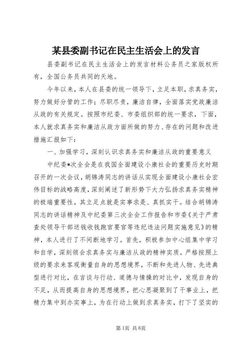 某县委副书记在民主生活会上的发言