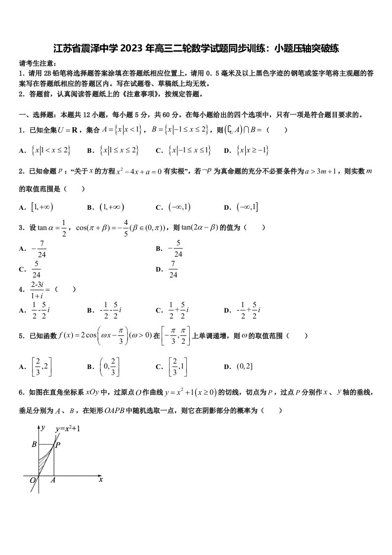 江苏省震泽中学2023年高三二轮数学试题同步训练：小题压轴突破练