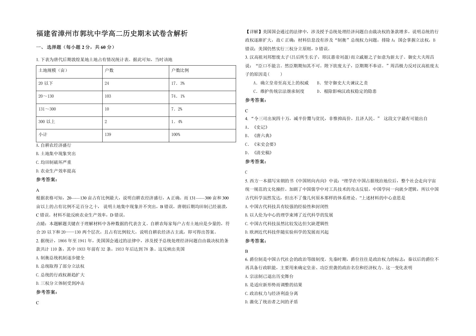 福建省漳州市郭坑中学高二历史期末试卷含解析