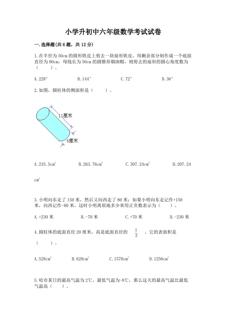 小学升初中六年级数学考试试卷精品【历年真题】