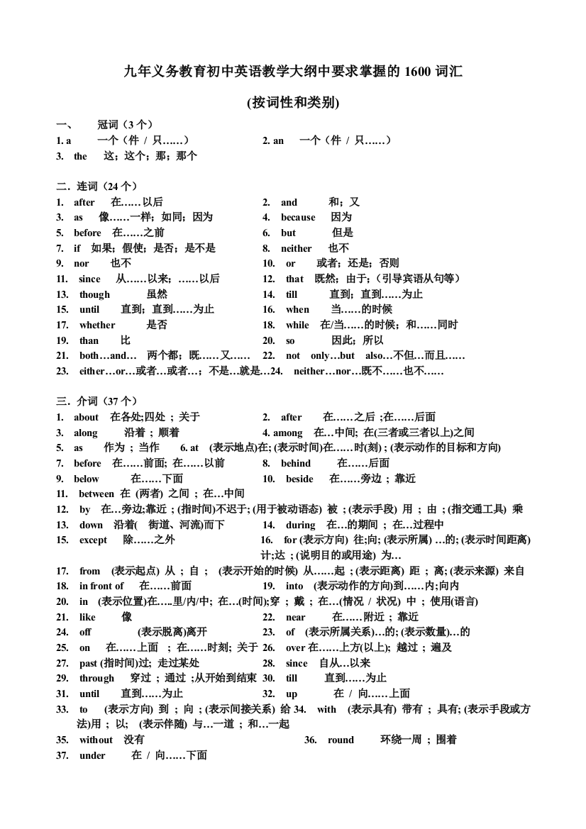 1中考1600按词性分类