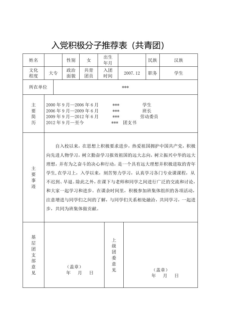 入党积极分子推荐表(共青团工会或妇联)