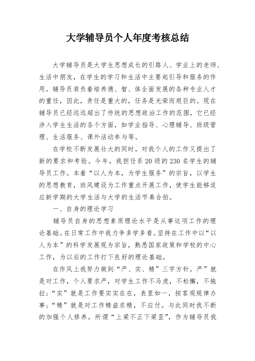 大学辅导员个人年度考核总结