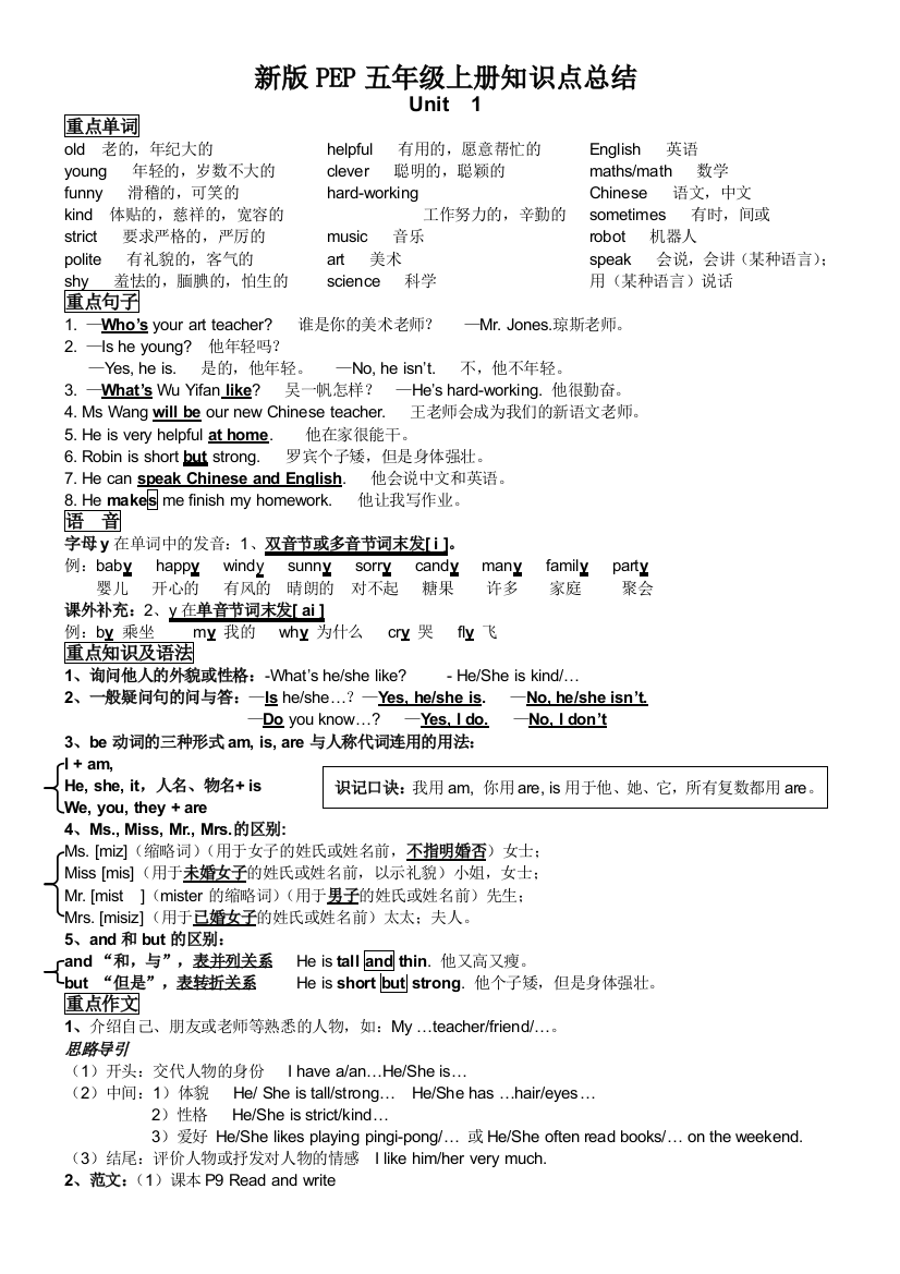 小学五年级人教英语上册知识点总结