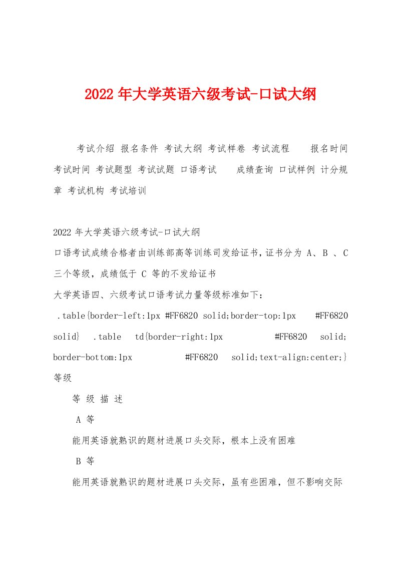 2022年大学英语六级考试-口试大纲