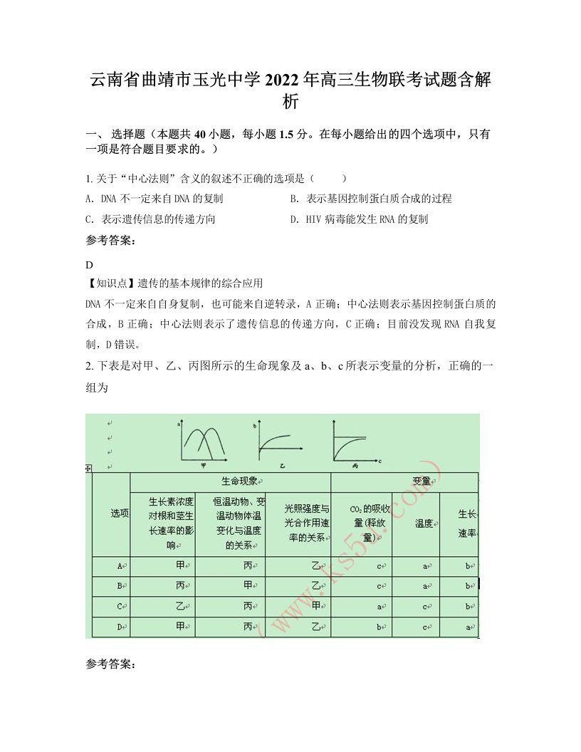 云南省曲靖市玉光中学2022年高三生物联考试题含解析