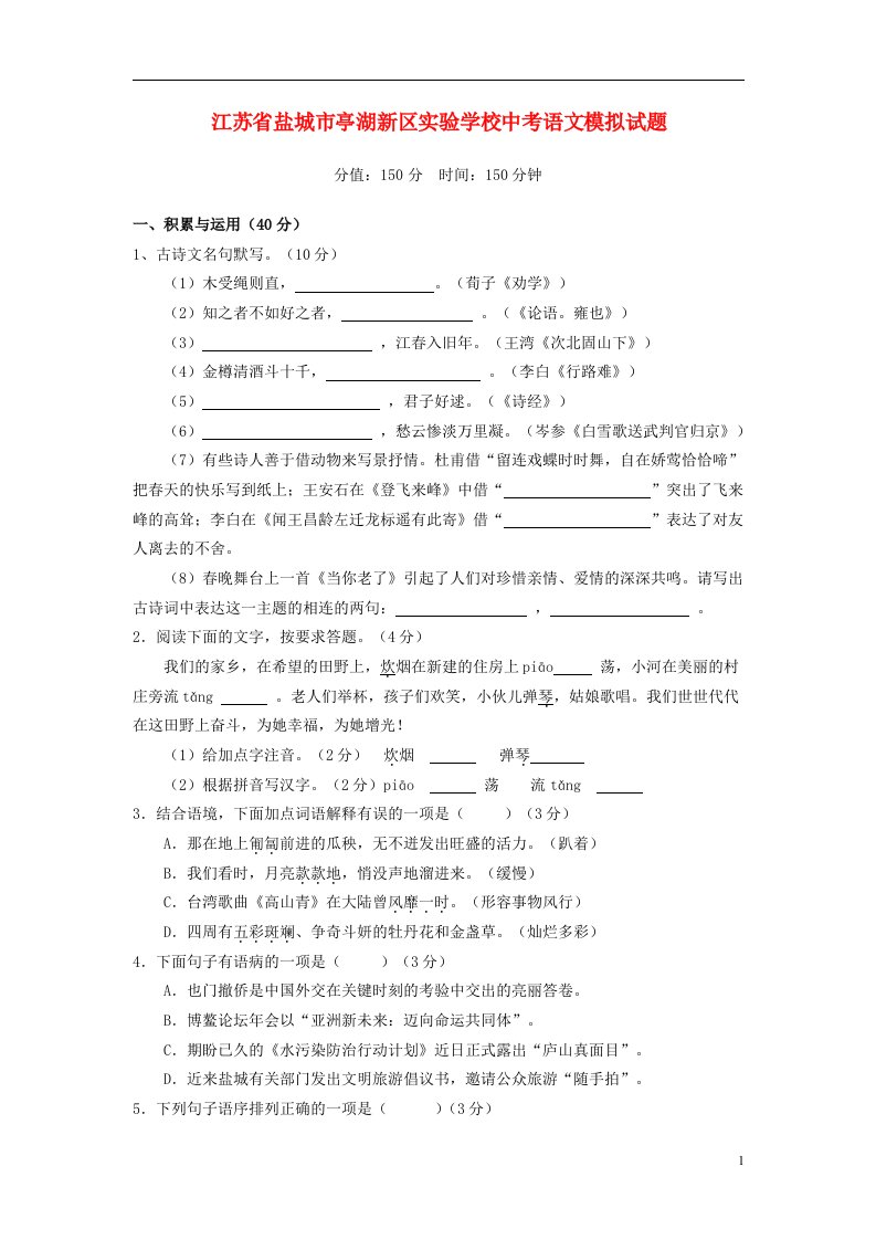 江苏省盐城市亭湖新区实验学校中考语文模拟试题