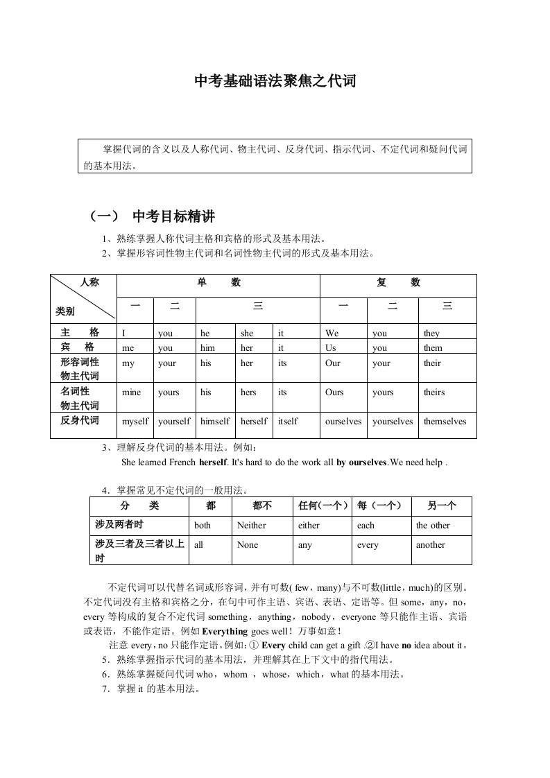 中考基础语法聚焦之代词