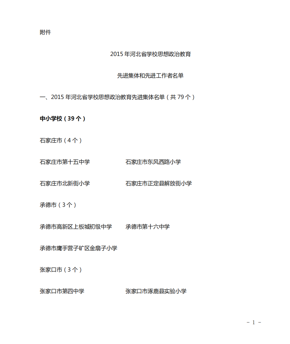 2015年河北省学校思想政治教育先进集体和先进工作者评选表彰名单