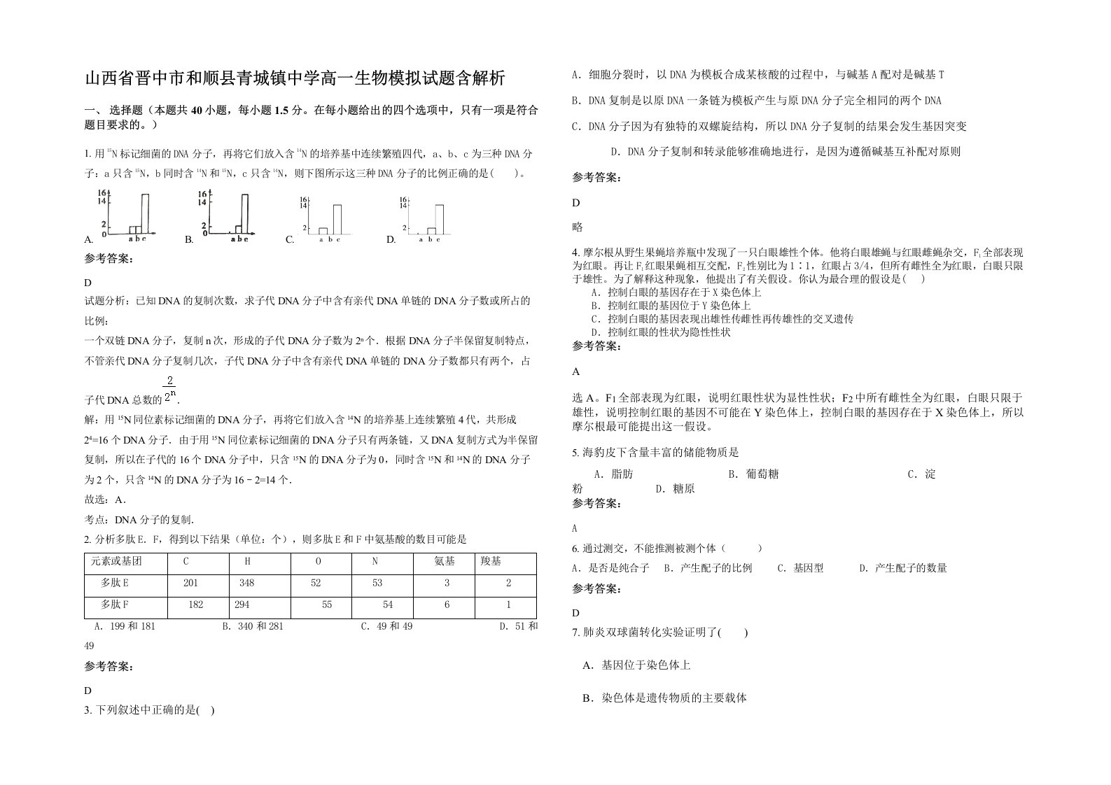 山西省晋中市和顺县青城镇中学高一生物模拟试题含解析