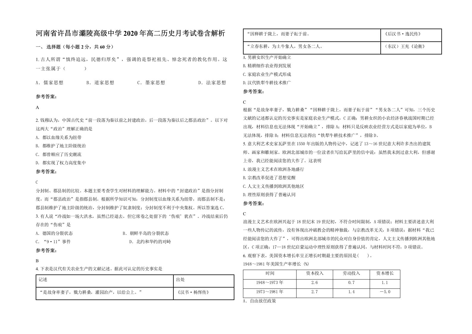 河南省许昌市灞陵高级中学2020年高二历史月考试卷含解析