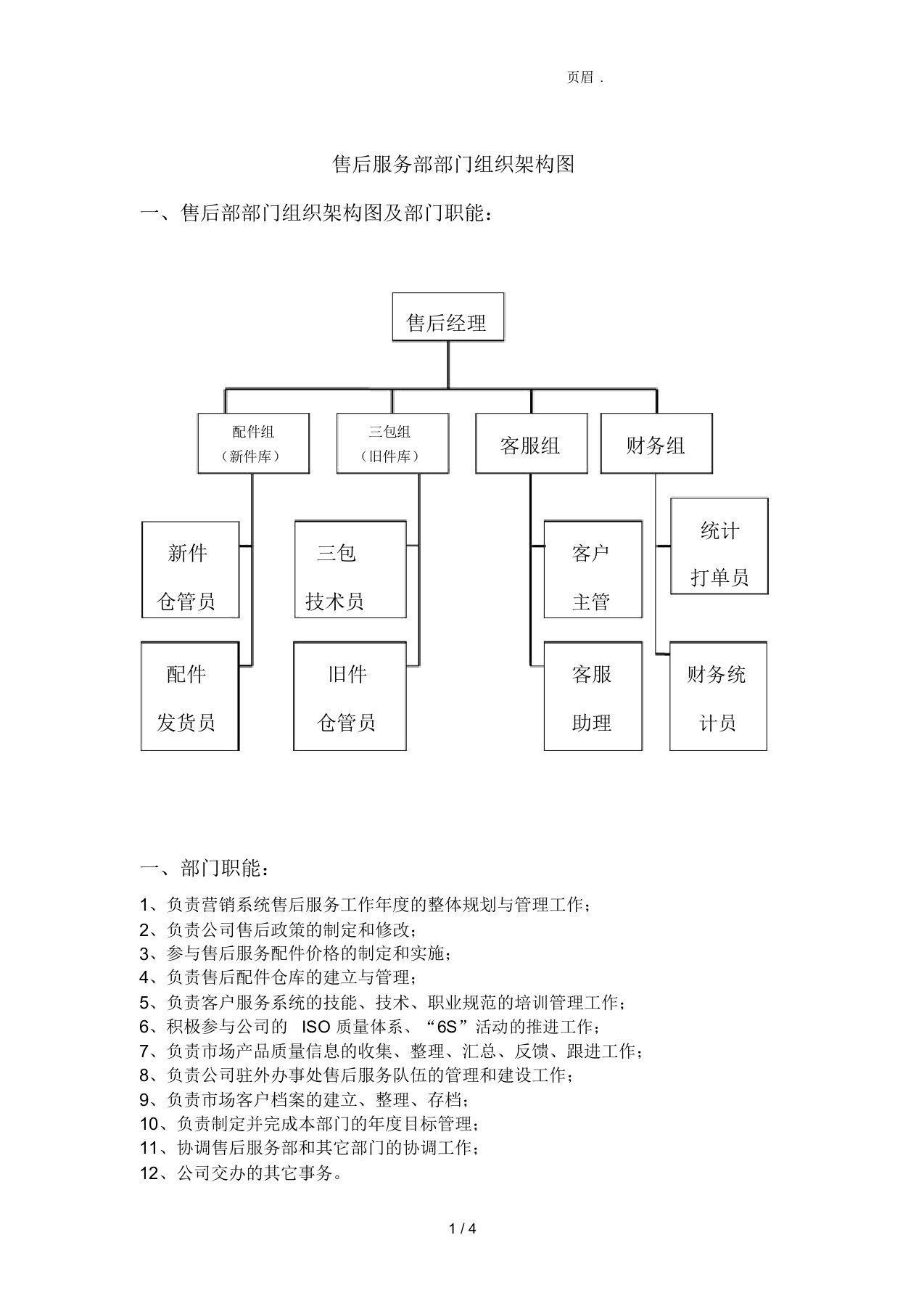 售后服务部部门组织架构