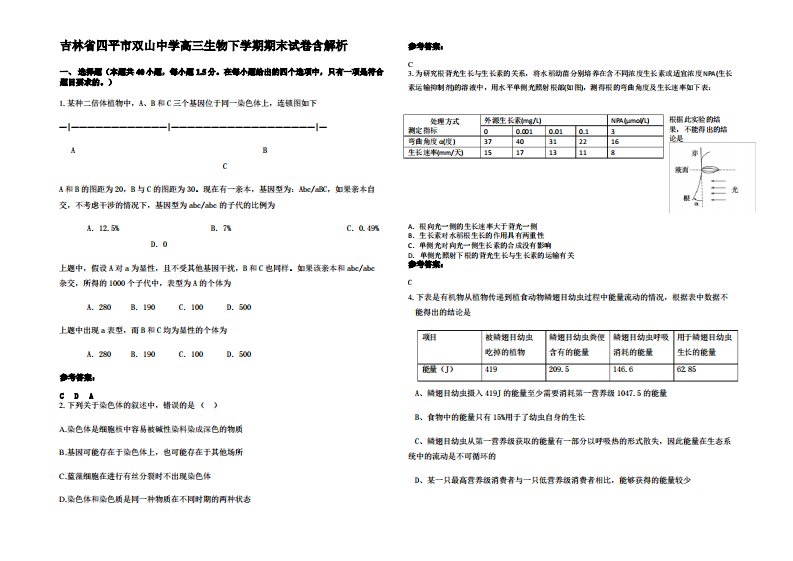 吉林省四平市双山中学高三生物下学期期末试卷含解析