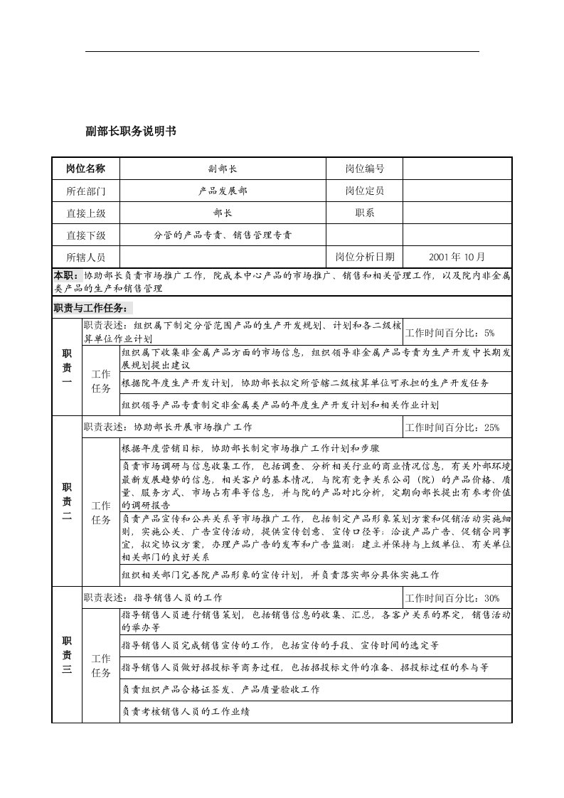 精选航材院产品发展部副部长职务说明书