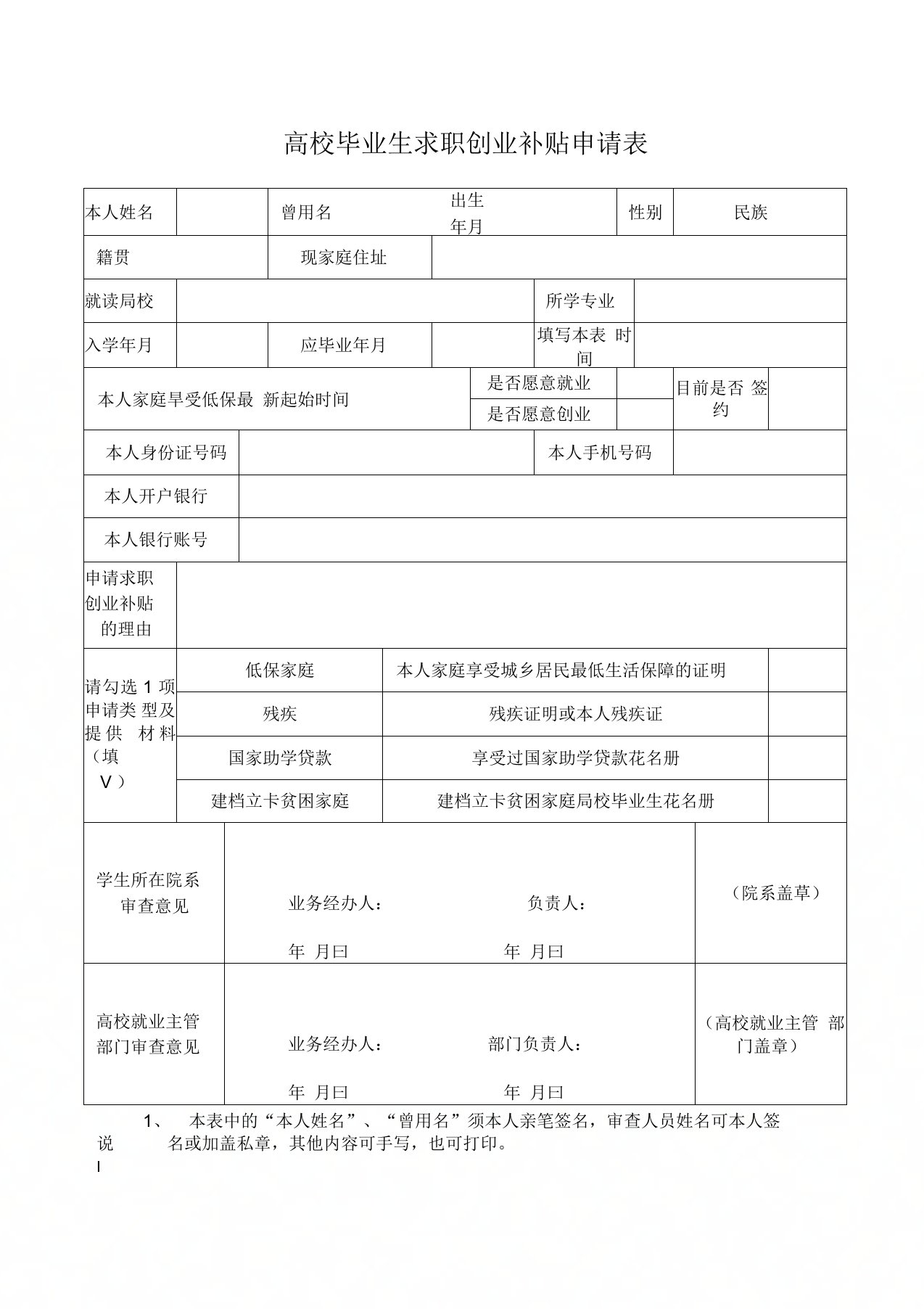 高校毕业生求职创业补贴申请表