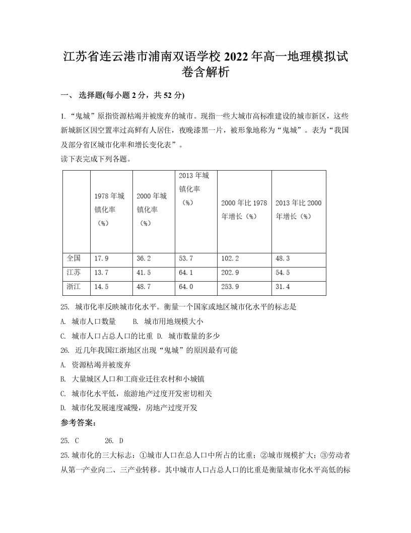 江苏省连云港市浦南双语学校2022年高一地理模拟试卷含解析