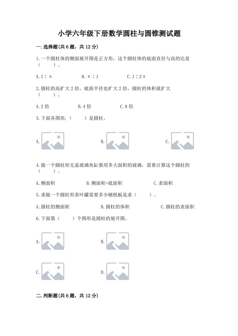 小学六年级下册数学圆柱与圆锥测试题精选答案