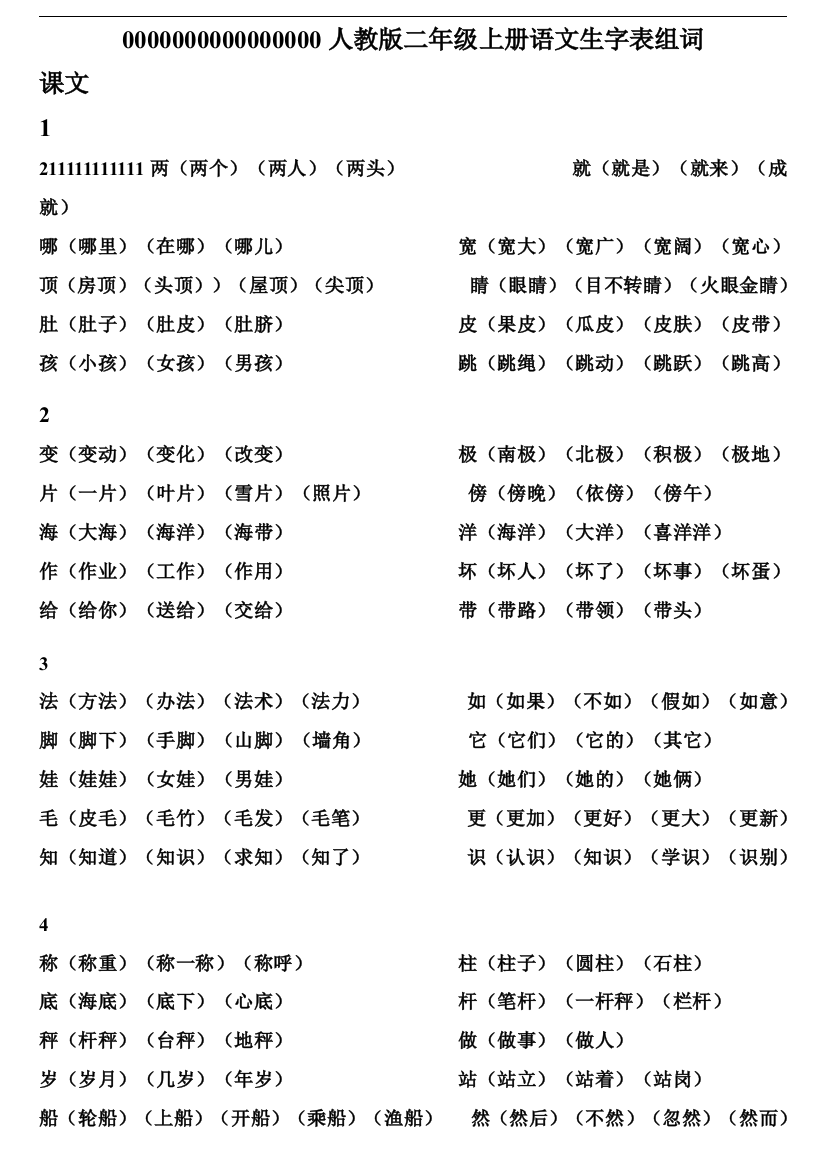 最新部编人教版二年级上册语文生字表组词打印版