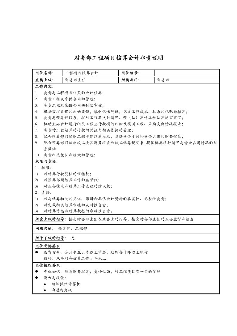 项目管理-新疆国际置地公司财务部工程项目核算会计职责说明书