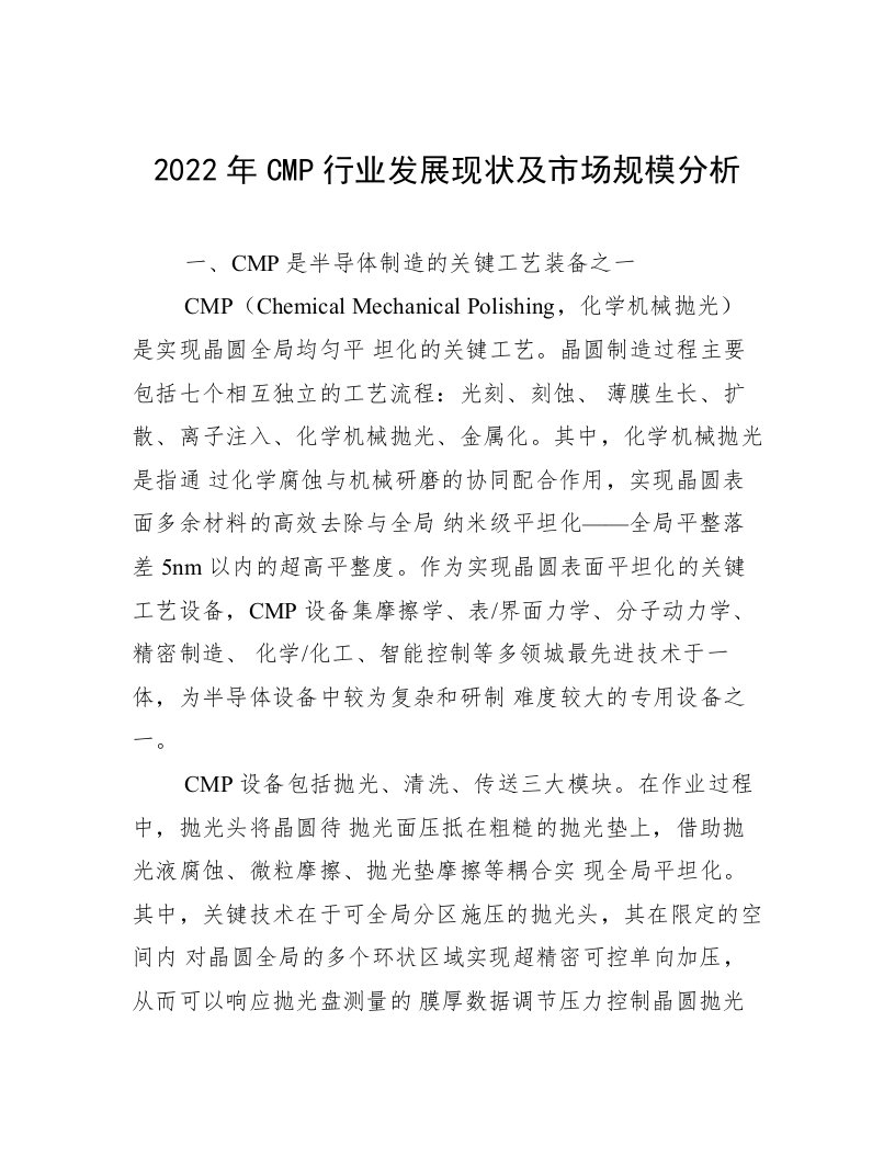 2022年CMP行业发展现状及市场规模分析